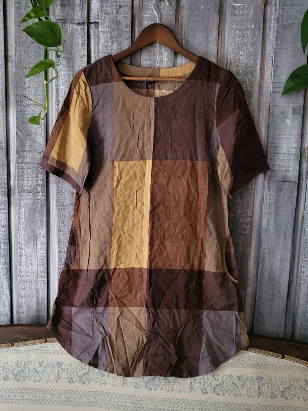 Cotton Blend Plaid Tunic Dress Boho Earthy Brown Grid S